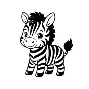 Peut inclure: Une illustration en noir et blanc au trait représentant un bébé zèbre debout de profil. Le zèbre présente une grosse tête, des oreilles proéminentes, une crinière touffue et une petite queue avec une touffe au bout. Le corps est rayé.