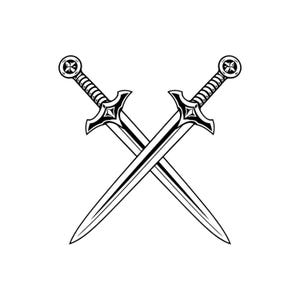 May include: A black and white graphic illustration of two crossed swords. Each sword features a pointed blade, a detailed crossguard with sharp angles, a ribbed handle, and a circular pommel containing a four-pointed star design element.