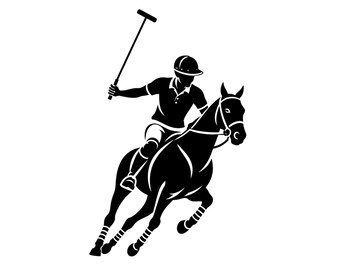 May include: A black and white graphic illustration of a polo player riding a galloping horse. The player wears a helmet and holds a polo mallet raised in the air. The horse is depicted in motion with its legs extended, showing a dynamic pose.