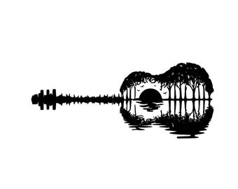 Gitarre Sonnenuntergang SVG PNG, Akkustische Musik Silhouette, Retro Landschaft Clipart (digitaler Download)
