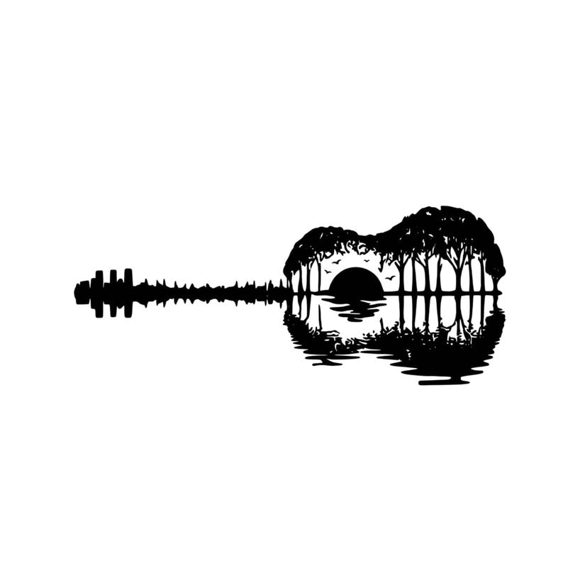 May include: A black silhouette graphic shaped like an acoustic guitar. The body of the guitar features a landscape with trees, a sun, and birds, while the neck is formed by a sound wave pattern. The entire design is set against a plain background.