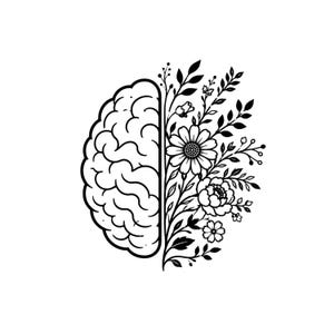 May include: A black and white line art illustration featuring a human brain on the left side, seamlessly transitioning into a collection of various flowers, leaves, and stems on the right side, creating a balanced and symmetrical composition.