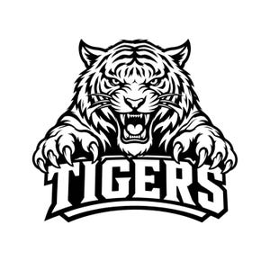 May include: A black and white graphic illustration of a snarling tiger with bared teeth and extended claws. The tiger is positioned above the word TIGERS, which is written in a bold, capitalised, sans-serif font with a curved outline.