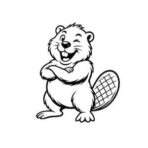 May include: A black and white line art illustration of a cartoon beaver standing with its arms crossed. The beaver has a wide, winking smile, visible front teeth, and a prominent, textured, grid-patterned tail extending to the right side.