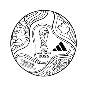 May include: A black and white soccer ball graphic featuring the FIFA World Cup 2026 logo, the Adidas three-stripe logo, a maple leaf, stars, and the text TRIONDA OFFICIAL MATCH BALL BALÓN OFICIAL DE PARTIDO BALLON OFFICEL DE MATCH.