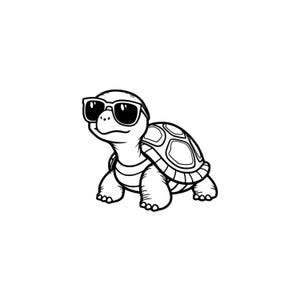 May include: A black and white line art illustration of a small turtle wearing dark sunglasses. The turtle is depicted in a side profile view, showing its shell with a segmented pattern and its four legs planted firmly on the ground.