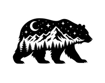 Berg Bär Szene SVG PNG, Grizzly Wildlife Silhouette, Wald Natur Clipart (Digitale Schnittdatei)