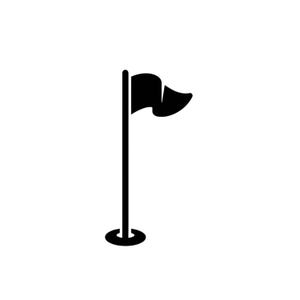Può includere: Un'icona grafica nera solida che raffigura una bandiera da golf su un'asta, con una linea verticale per l'asta, una piccola base circolare in basso e una forma di bandiera sventolante attaccata sul lato superiore destro dell'asta.