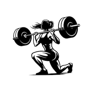 Könnte beinhalten: Eine schwarz-weiße grafische Illustration einer Person, die einen Ausfallschritt ausführt und dabei eine schwere Langhantel mit großen Gewichtsscheiben über den Schultern hält. Die Figur ist in einer dynamischen Pose mit wehendem Haar dargestellt.