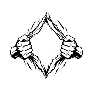 May include: A black and white graphic illustration featuring two clenched fists pulling apart a jagged, diamond-shaped tear. The design uses bold lines and high-contrast shading to depict the fabric or material being ripped open in the center.