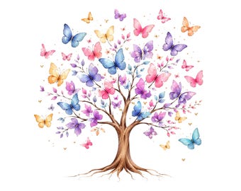 Butterfly Tree PNG, Whimsical Silhouette Clipart, Botanical Spring Sublimation Art (Digital Download)