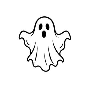 May include: A simple black and white graphic illustration of a ghost. The figure is white with a thick black outline, featuring two oval-shaped black eyes and an oval-shaped black mouth, with a wavy, draped bottom edge and two outstretched arms.