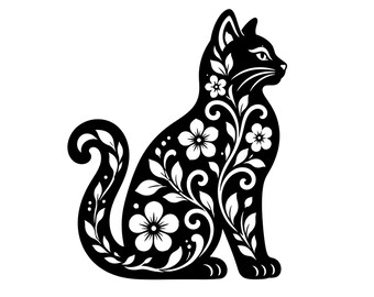 Blumenkatze Silhouette Clipart, wunderliche Kätzchen-botanische Grafik (SVG PNG)