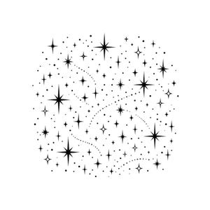 Op de afbeelding: Een zwart-witte grafische illustratie met een verzameling vierpuntige sterren van verschillende groottes en kleine ronde stippen in een cluster. Het ontwerp bevat gebogen stippellijnen die door het sterrenpatroon heen lopen.