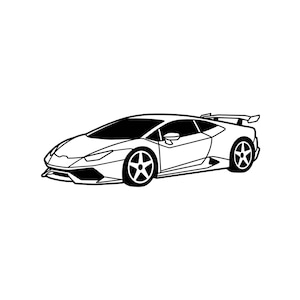 May include: A black and white line art illustration of a sports car featuring a low-profile aerodynamic body, sharp angular headlights, five-spoke wheels, and a prominent rear spoiler. The design uses bold outlines to define the vehicle shape.