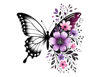 Floral Butterfly PNG, Botanical Silhouette Clipart, Whimsical Wings Graphic (Digital Download)