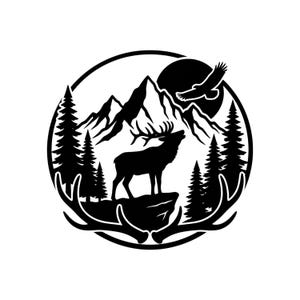 May include: A circular black and white graphic design featuring a silhouette of an elk standing on a rocky cliff. The scene includes a mountain range, pine trees, a large circular moon, and a flying bird, all framed by two large deer antlers.