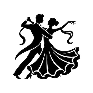 May include: A black silhouette graphic of two figures dancing together. One figure wears a formal tailcoat and trousers, while the other wears a long, flowing gown with a flared skirt. Their arms are extended as they perform a ballroom dance pose.