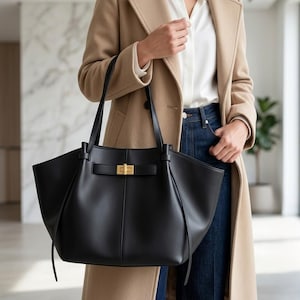 May include: A large black leather tote bag featuring a gold-toned rectangular turn-lock closure on a horizontal strap across the front. The bag has two thin shoulder straps and a wide, structured base with a smooth, matte finish throughout.