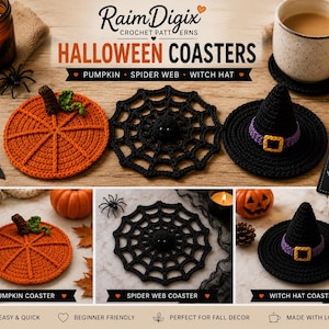ハロウィン用かぎ針編みコースターの型紙｜カボチャ、クモの巣、魔女の帽子（PDFダウンロード）