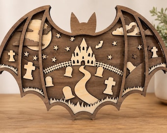 3D Bat | Halloween Scene Plaque (digital download) Laser and Engrave Cut SVG