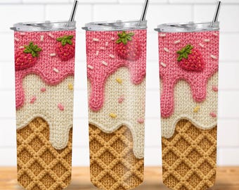 3D Strawberry Ice Cream PNG | Crochet Wool Effect 20oz Sublimation Design (Digital Download)