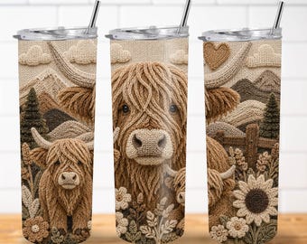 3D Highland Cow PNG | Crochet Natural Wool Effect 20oz Sublimation Design (Digital Download)