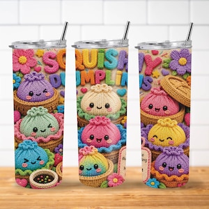 May include: A stainless steel tumbler with a straw featuring a colorful, textured knit-style pattern of smiling dumplings in various shades of purple, green, blue, pink, and yellow, with the text SQUISHY DUMPLINGS printed in bold, multi-colored letters.