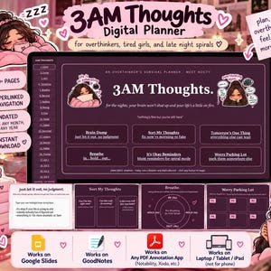 Może przedstawiać: Cyfrowy planer zatytułowany 3AM Thoughts z ciemnofioletowym interfejsem zawierającym sekcje Brain Dump, Sort My Thoughts, Tomorrow's One Thing, Breathe, It's Okay Reminders i Worry Parking Lot, kompatybilny z Google Slides oraz aplikacjami PDF.