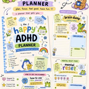 May include: The Happy ADHD Planner is a 29-page digital planner featuring colorful illustrations of frogs, a bear, and a penguin. It includes sections for brain dumps, mental resets, and daily planning with prompts like 'be kind to myself' and 'drink water'.