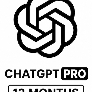 Może przedstawiać: Czarno-biała grafika przedstawiająca logo OpenAI, czyli stylizowany sześciokątny węzeł. Pod logo znajduje się napis CHATGPT PRO pogrubionymi czarnymi literami, a poniżej prostokątna ramka z napisem 12 MONTHS w kolorze czarnym.