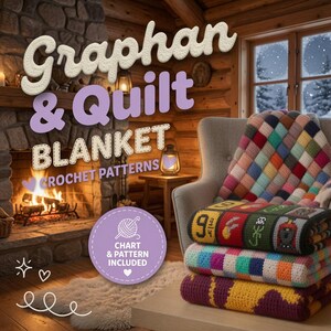 May include: A stack of three crocheted blankets featuring a multi-coloured checkerboard pattern and a top blanket with graphic squares depicting the number 9 3/4, a golden snitch, a lizard, and a train. Text reads Graphan & Quilt BLANKET CROCHET PATTERNS.