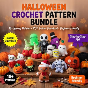 May include: A collection of 18+ Halloween-themed crochet figures including pumpkins, ghosts, a skeleton, a mummy, and a gingerbread person. The text reads HALLOWEEN CROCHET PATTERN BUNDLE, 18+ Spooky Patterns, PDF Instant Download, and Beginner Friendly.