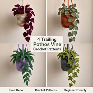 Puede incluir: Cuatro patrones de plantas colgantes de ganchillo con enredaderas de diversas formas y colores, incluyendo rojo oscuro, verde salvia y verde oscuro, en macetas de ganchillo texturizadas. El texto central dice 4 Trailing Pothos Vine Crochet Patterns.