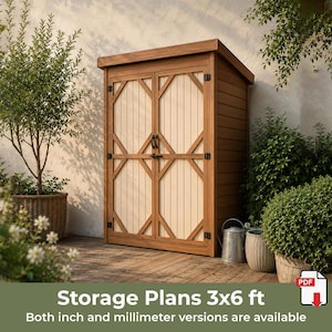 May include: A wooden storage shed with double doors featuring a light-coloured vertical panel design and dark brown trim. The structure has a slanted roof and black metal hardware. Text on the image reads: Storage Plans 3x6 ft.