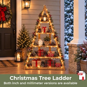 May include: A triangular wooden ladder shelf decorated with evergreen garlands, red berries, pinecones, and warm string lights. The shelves hold various wrapped gift boxes, a small house ornament, and a lantern with a white pillar candle.
