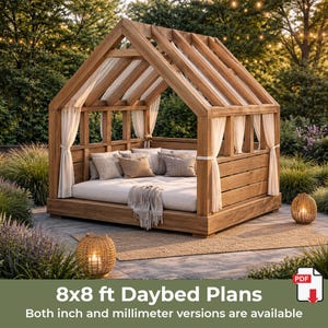 May include: A wooden outdoor daybed structure with an A-frame roof, featuring white curtains, a large mattress, and several throw pillows. The text 8x8 ft Daybed Plans and Both inch and millimeter versions are available is displayed below.