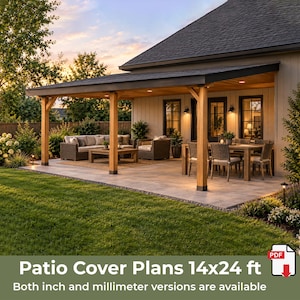 May include: A covered patio structure featuring wooden support beams and a dark shingled roof, attached to a house. The area includes outdoor furniture, a dining set, and lighting. Text on the image reads: Patio Cover Plans 14x24 ft.