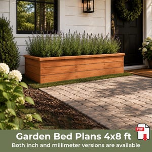 May include: A rectangular wooden garden bed planter with horizontal planks, filled with green plants. The image includes a PDF icon and text stating Garden Bed Plans 4x8 ft, noting that both inch and millimeter versions are available.