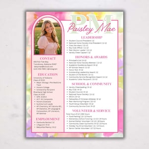 May include: A resume template featuring a watercolor background in shades of pink, yellow, and green. It includes a photo placeholder in an arched frame, sections for contact, education, employment, leadership, honors, and community service.