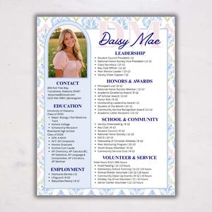 May include: A resume template featuring a portrait of a person in a pink top, with sections for contact, education, employment, leadership, honors, awards, school, community, and volunteer service, all set against a light blue floral patterned border.