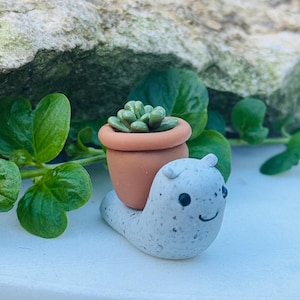 May include: A small, light gray snail figurine with dark speckles, black eyes, and a simple curved mouth. The snail carries a miniature terracotta-colored pot on its back, which contains a small, green, multi-leafed succulent plant.