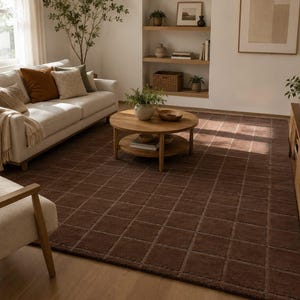 Chocolate Brown Rug, Hand Tufted Geometric Wool Design