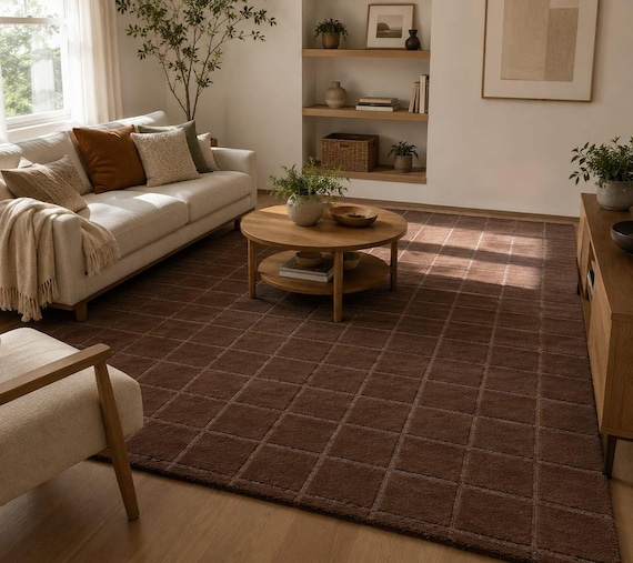 Chocolate Brown Rug, Hand Tufted Geometric Wool Design