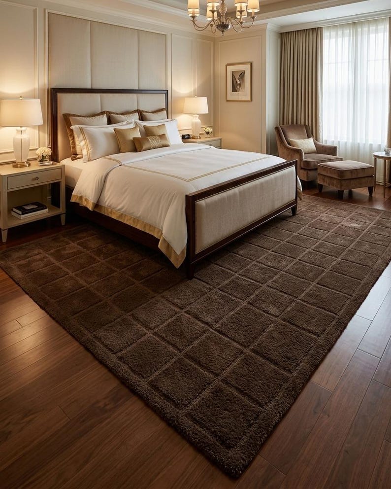 May include: A large, rectangular, dark brown area rug with a grid-like, tufted square pattern covering the entire surface. The rug is placed on a wooden floor in a bedroom, featuring a dark wood bed frame, white bedding, and two bedside lamps.