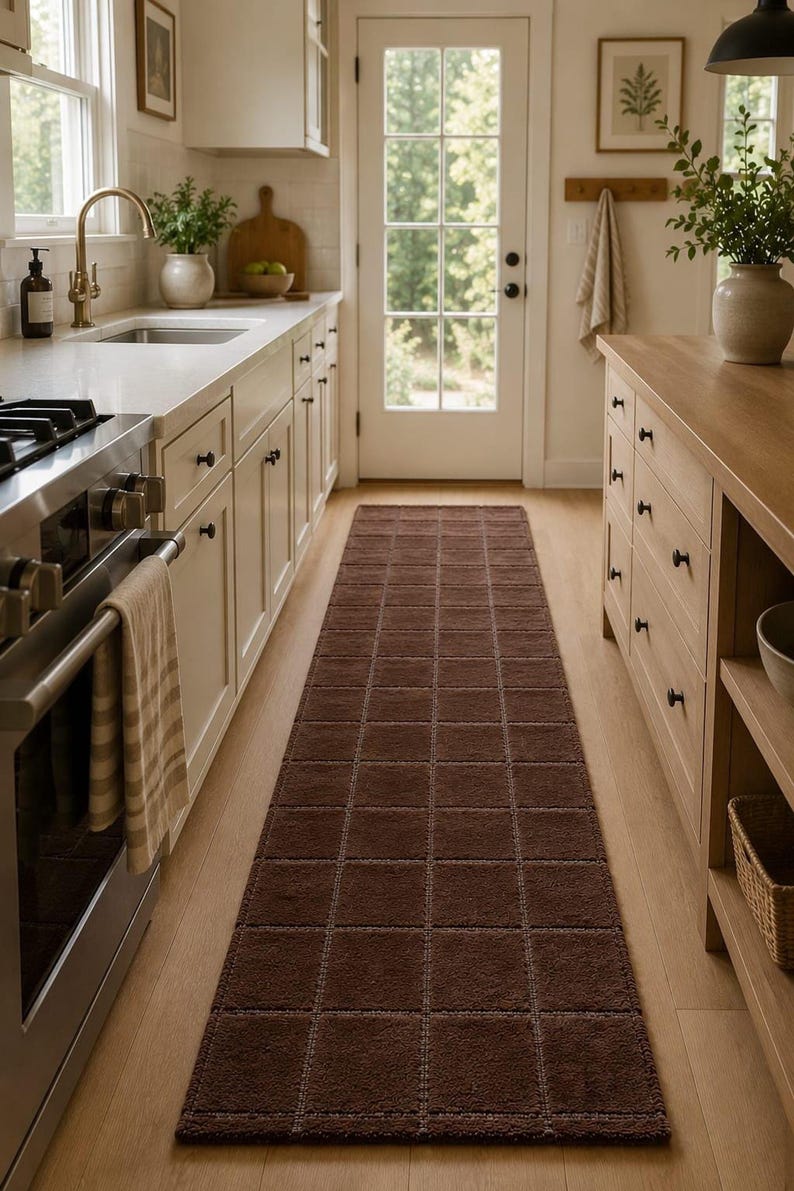 A kitchen runner rug with a brown geometric pattern extends down a narrow kitchen aisle between white cabinets and a wooden island.
