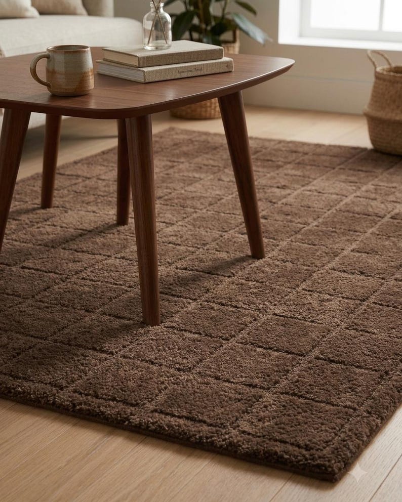 May include: A rectangular area rug featuring a deep brown color and a textured, grid-like pattern of raised squares. The rug is placed on a light-colored wooden floor, partially positioned underneath a dark brown wooden coffee table with four legs.