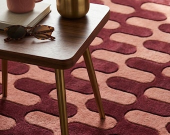 Hand Tufted Wool Rug Burgundy Pink Abstract 8x10 Area Rug, Modern Wave Carpet, Luxury Living Room Bedroom Decor