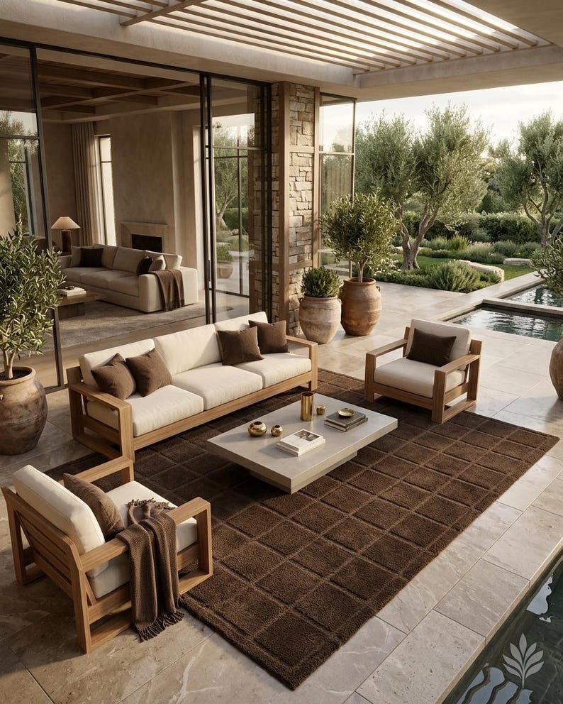 May include: A patio furniture set featuring a light wood sofa and two matching armchairs with cream-colored cushions and dark brown throw pillows. A low rectangular coffee table sits on a large brown grid-patterned rug near a swimming pool.