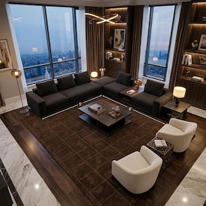 May include: A dark gray sectional sofa measuring 5 feet by 8 feet, a square coffee table, two cream-colored armchairs, and a dark brown area rug. The room features floor-to-ceiling windows, built-in wooden shelving, and modern lighting.